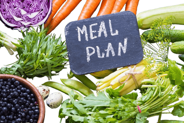 Weekly meal plan with fresh vegetables and fruits